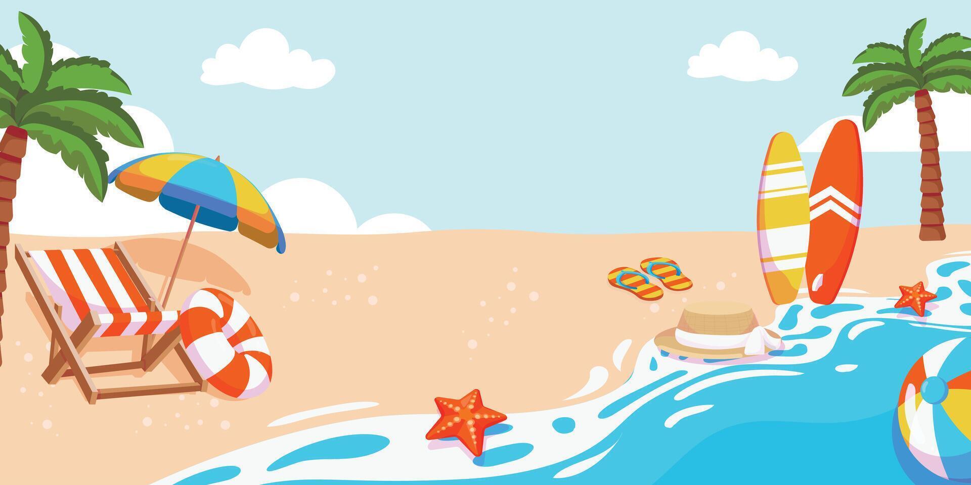 Cartoon beach with surfboards and umbrella vector