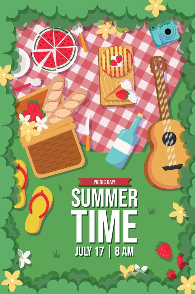 Summer picnic scene with food and guitar vector