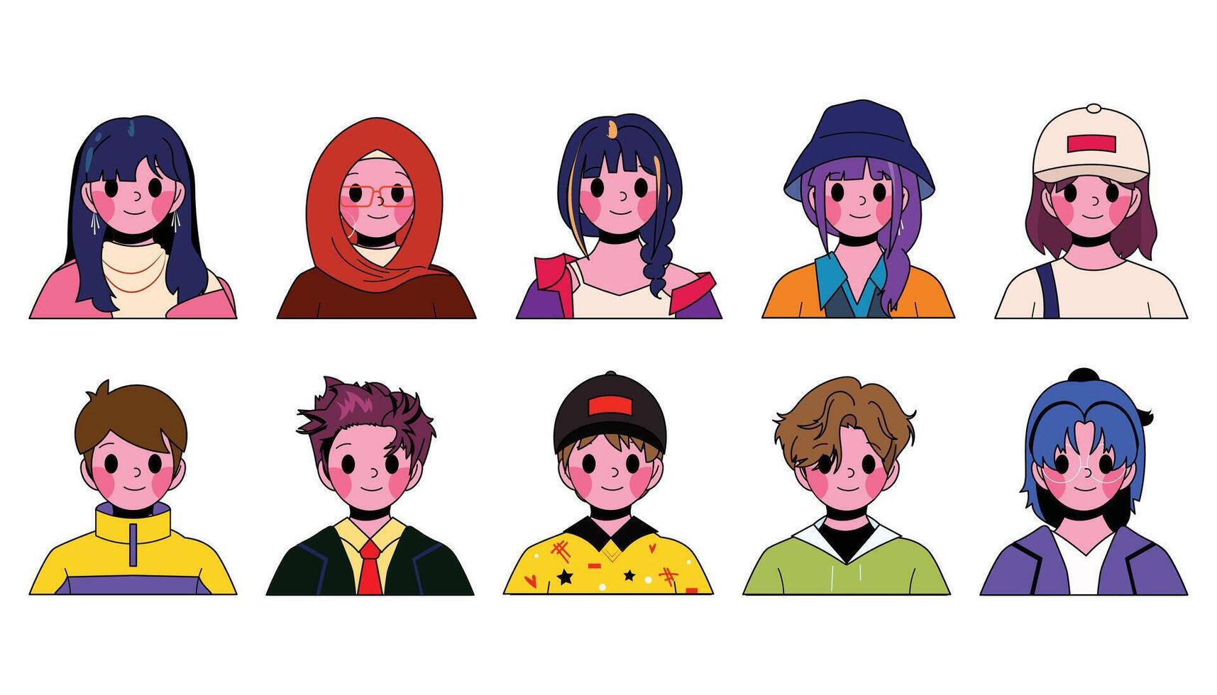 Colorful cartoon characters in various outfits vector
