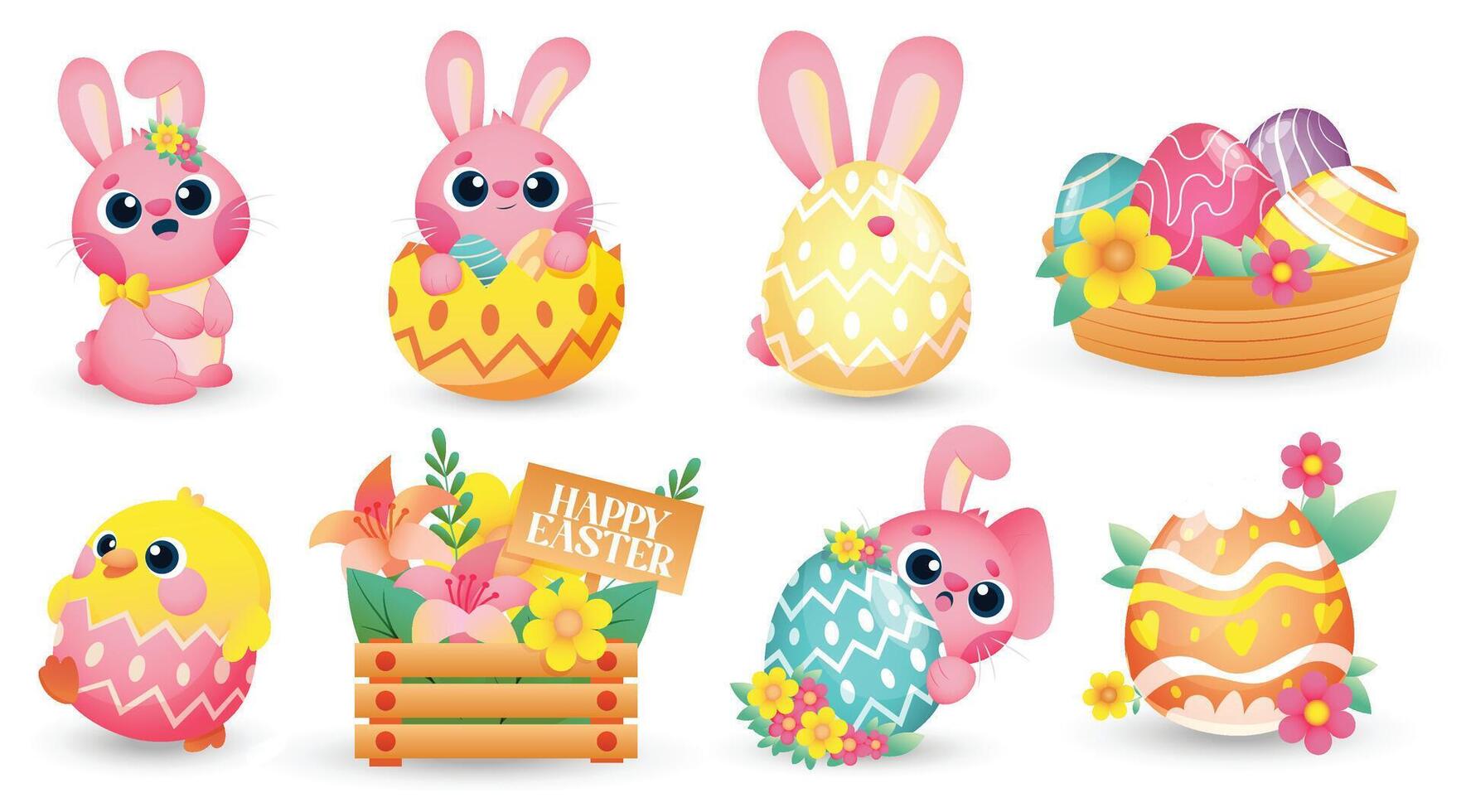 Cute Easter bunnies and colorful eggs vector
