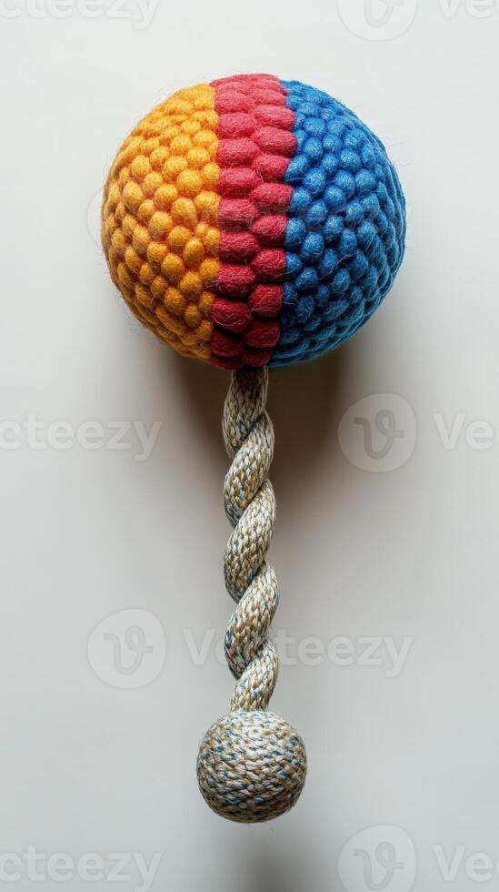 A colorful knitted ball with a rope attached to it photo