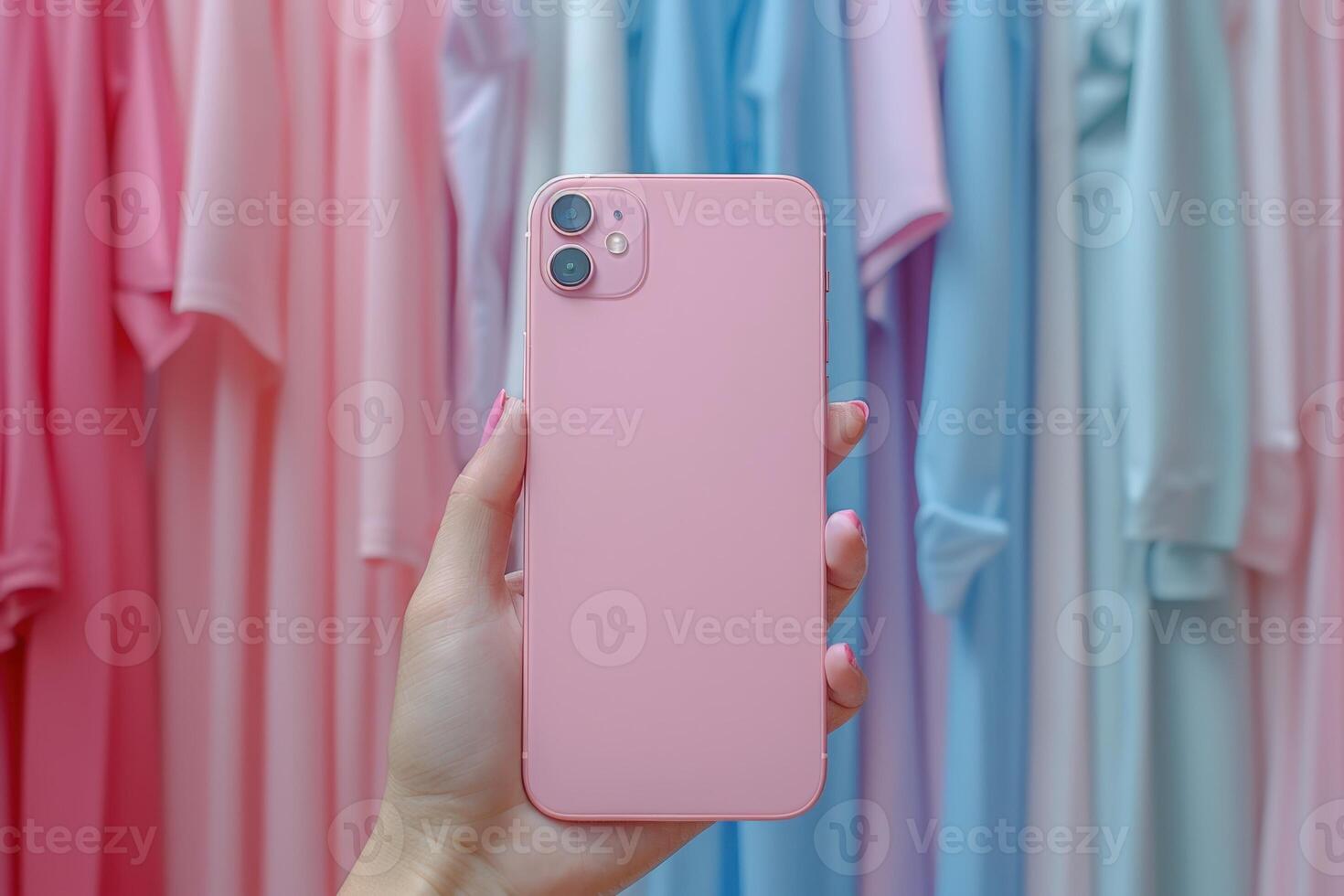 A person holding a pink iphone in front of a colorful background photo