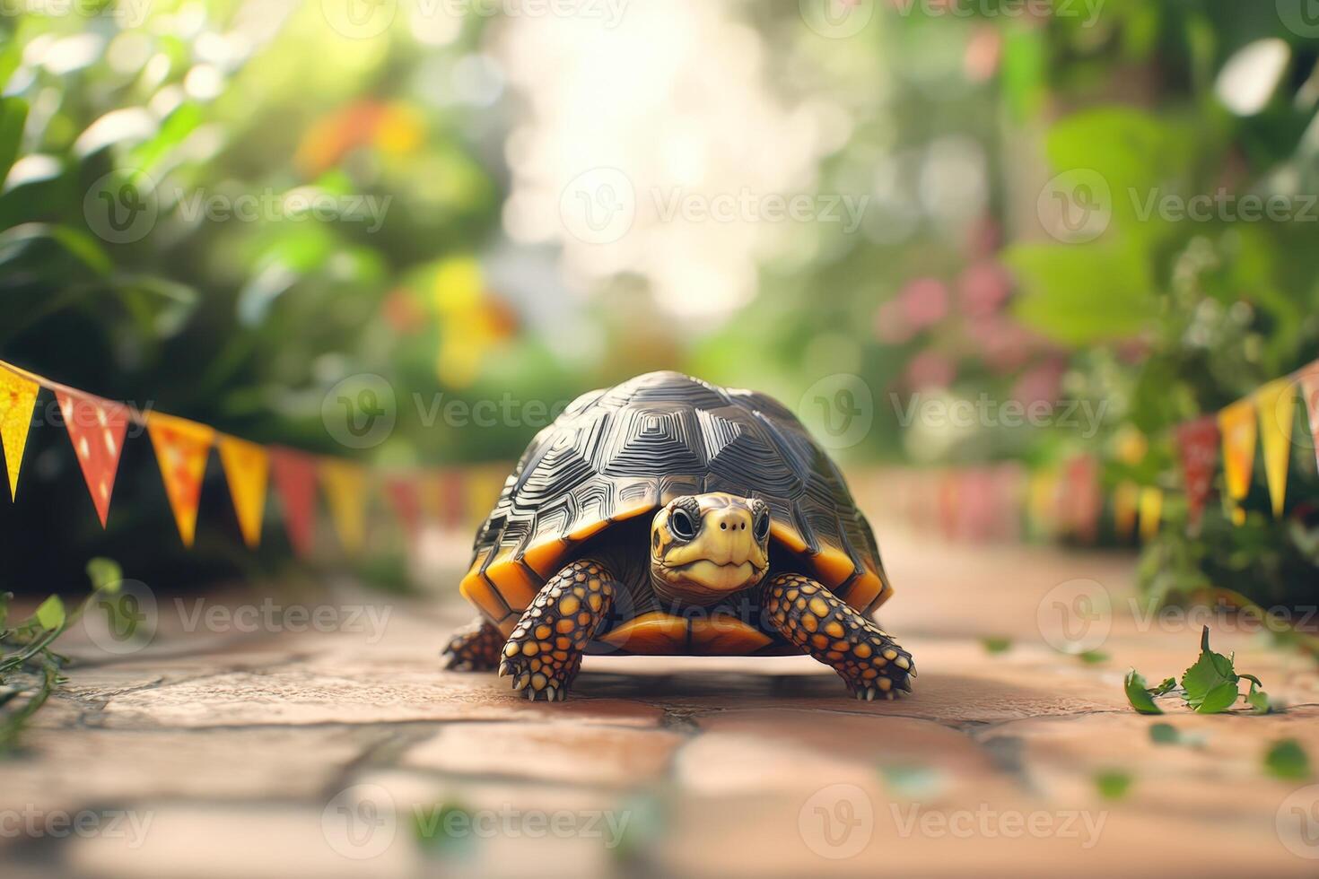 A turtle walking on a path with bunting flags photo