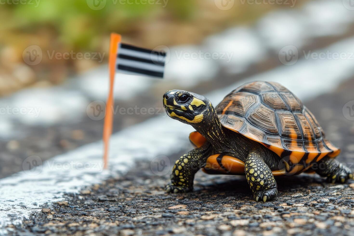 A turtle crossing the road with a flag photo