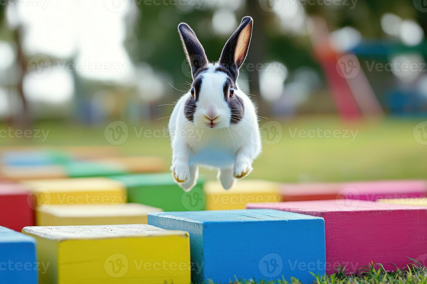 A rabbit jumping over colorful blocks. photo