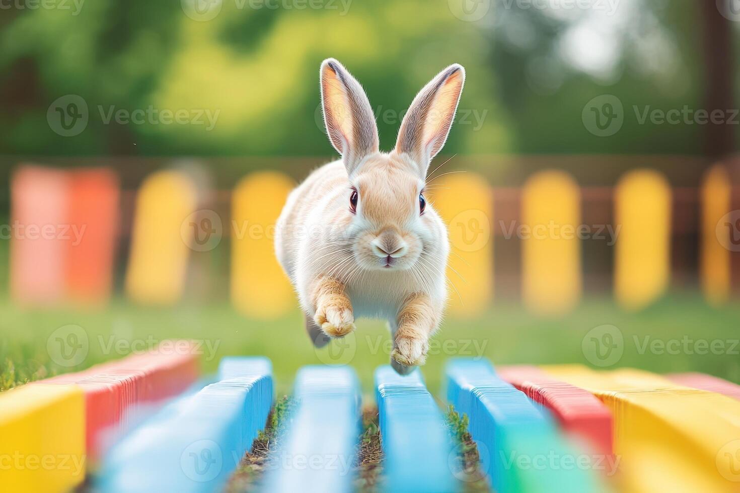 A rabbit jumping over a colorful obstacle course. photo