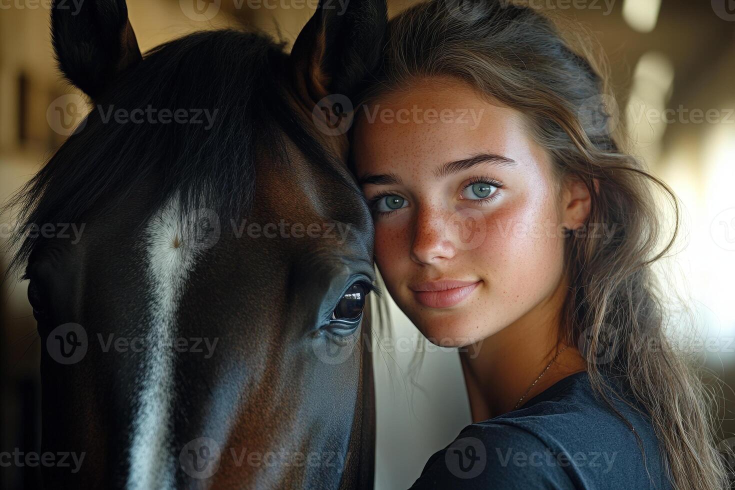 A beautiful young woman is standing next to a horse. photo