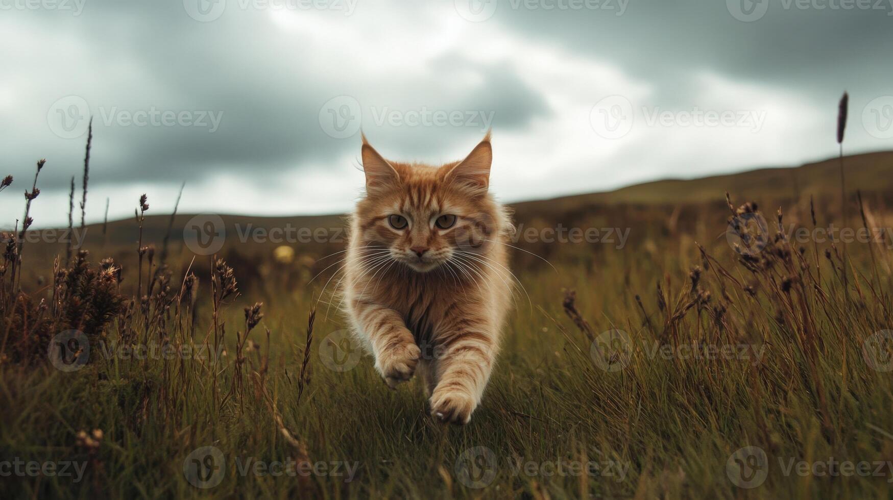 An orange cat running through a field. photo
