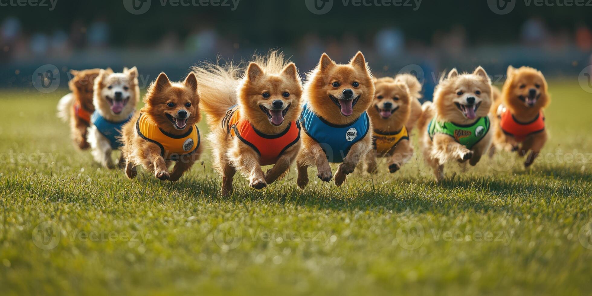 A group of small dogs running in a field. photo