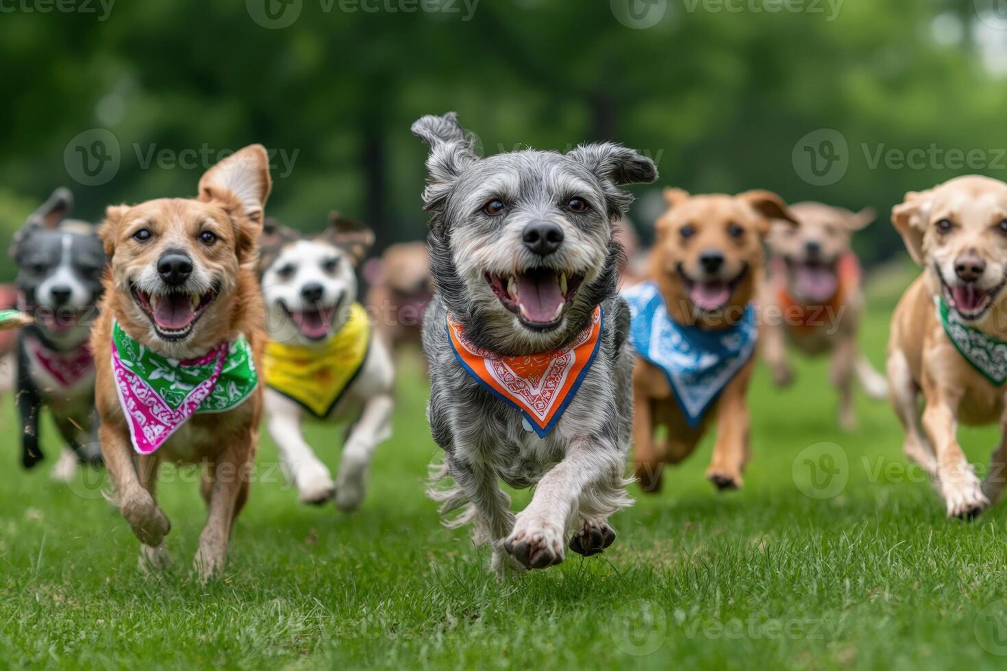 A group of a dogs running in a field. photo