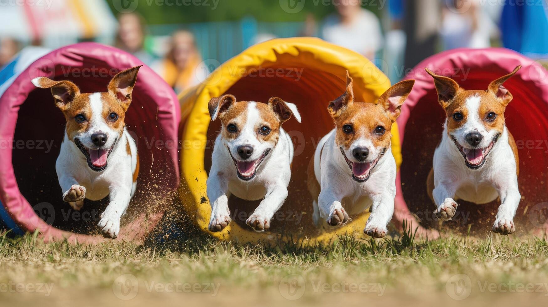 Four dogs running through colorful tubes. photo