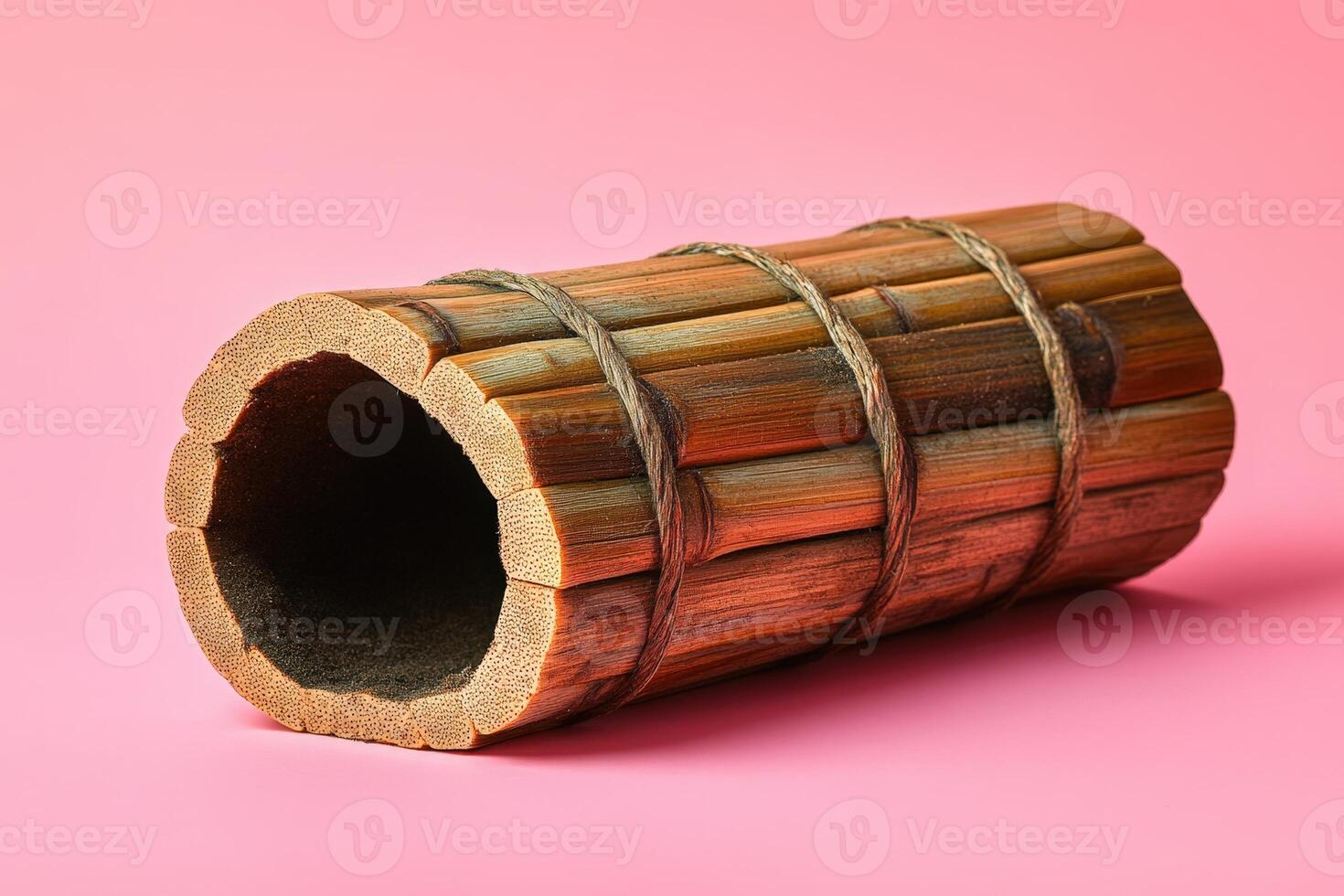 A bamboo tube with a wooden handle on a pink background photo