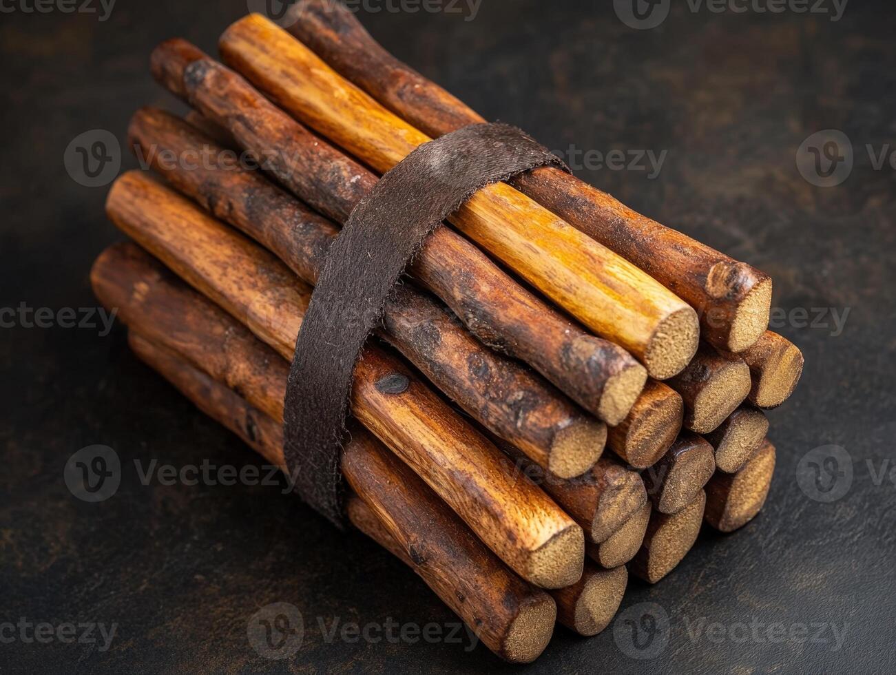 A pile of sticks with brown leather straps photo