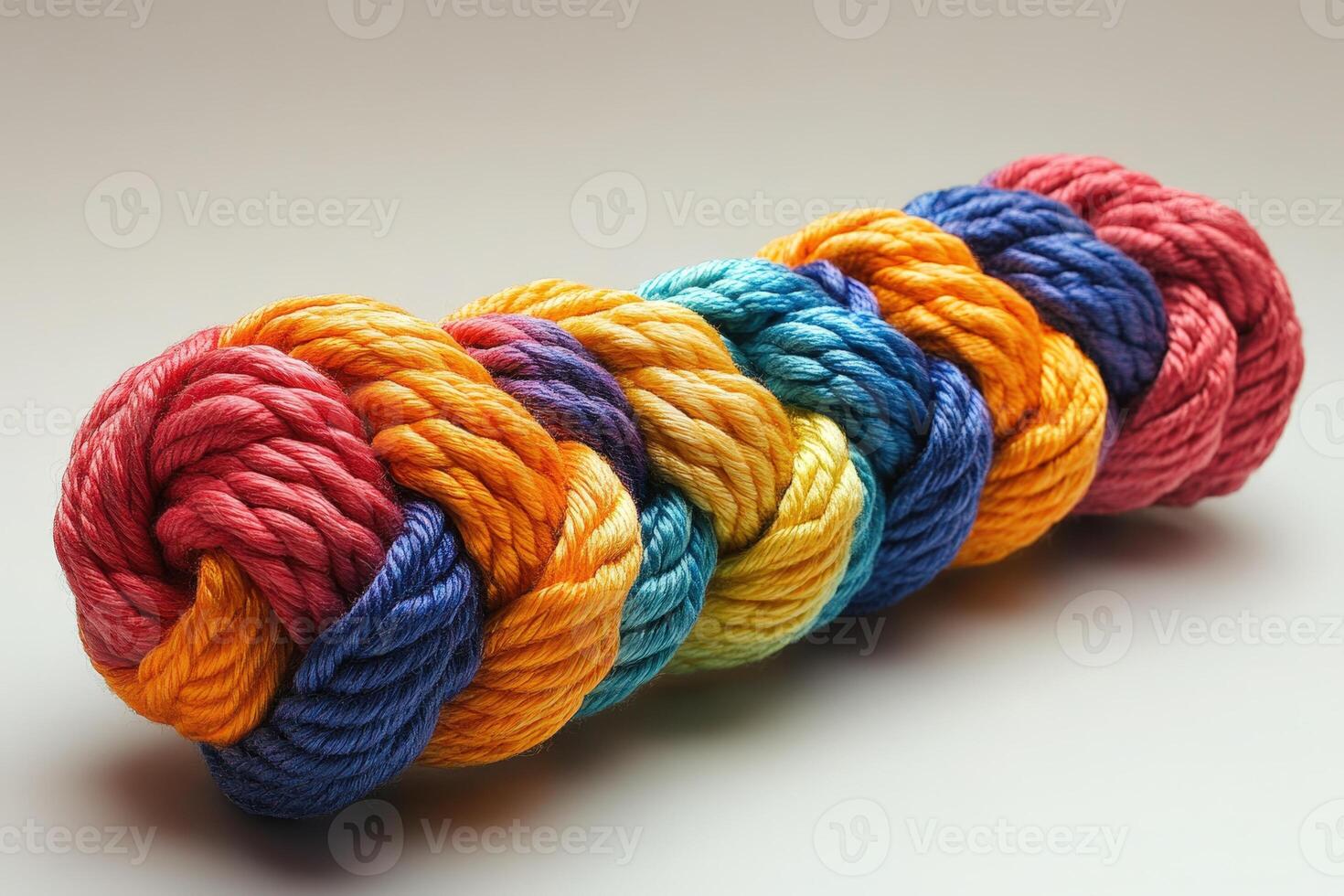 A colorful rope of yarn is shown on a white surface photo