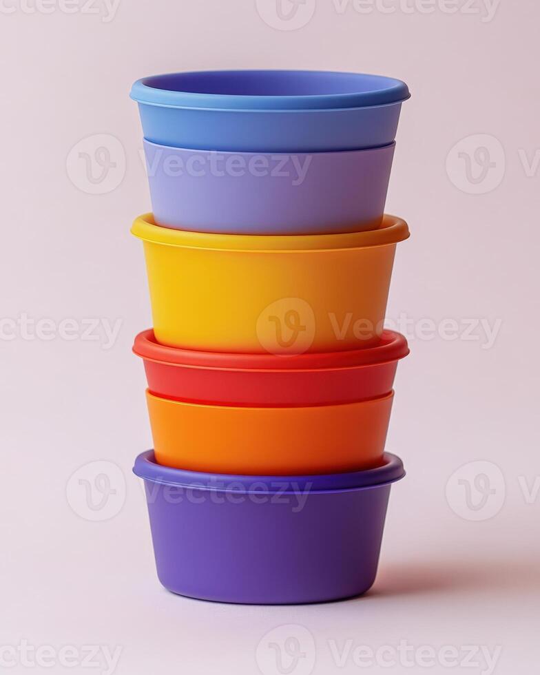 A stack of colorful plastic bowls on a white background. photo