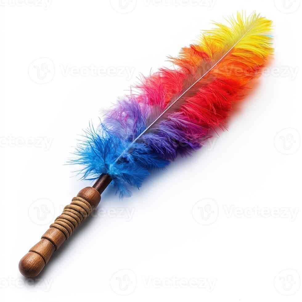 A colorful feather with a wooden handle photo