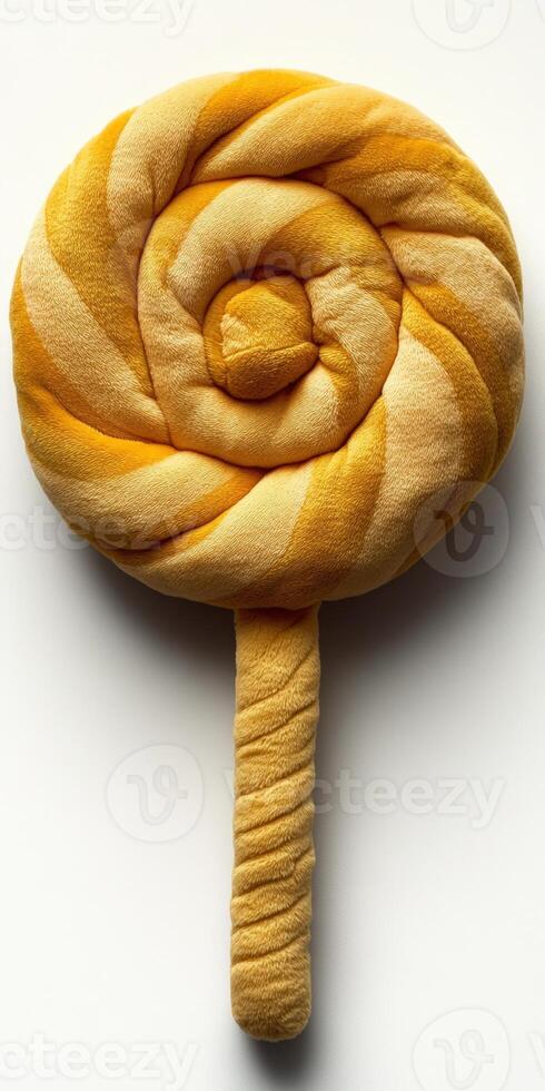 A yellow and white lollipop on a white surface photo