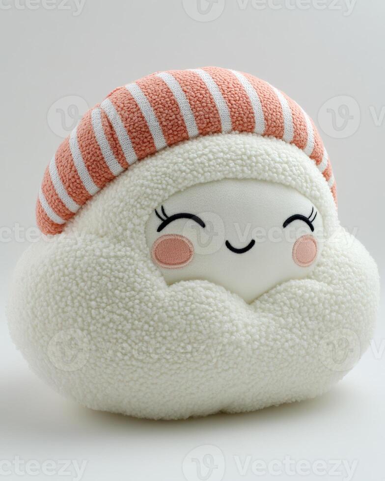 A stuffed animal with a hat and a smile photo