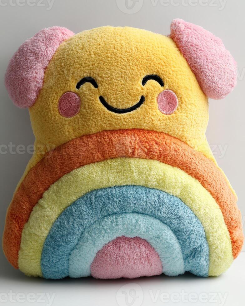 A yellow and pink stuffed animal with a rainbow on it photo