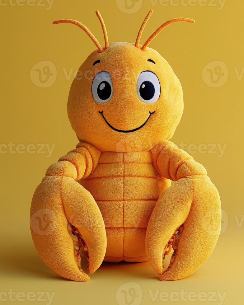 A stuffed lobster sitting on a yellow background photo