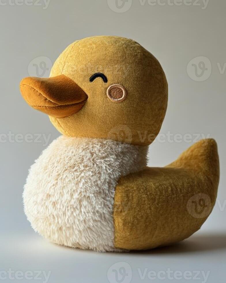 A stuffed duck toy sitting on a white surface photo