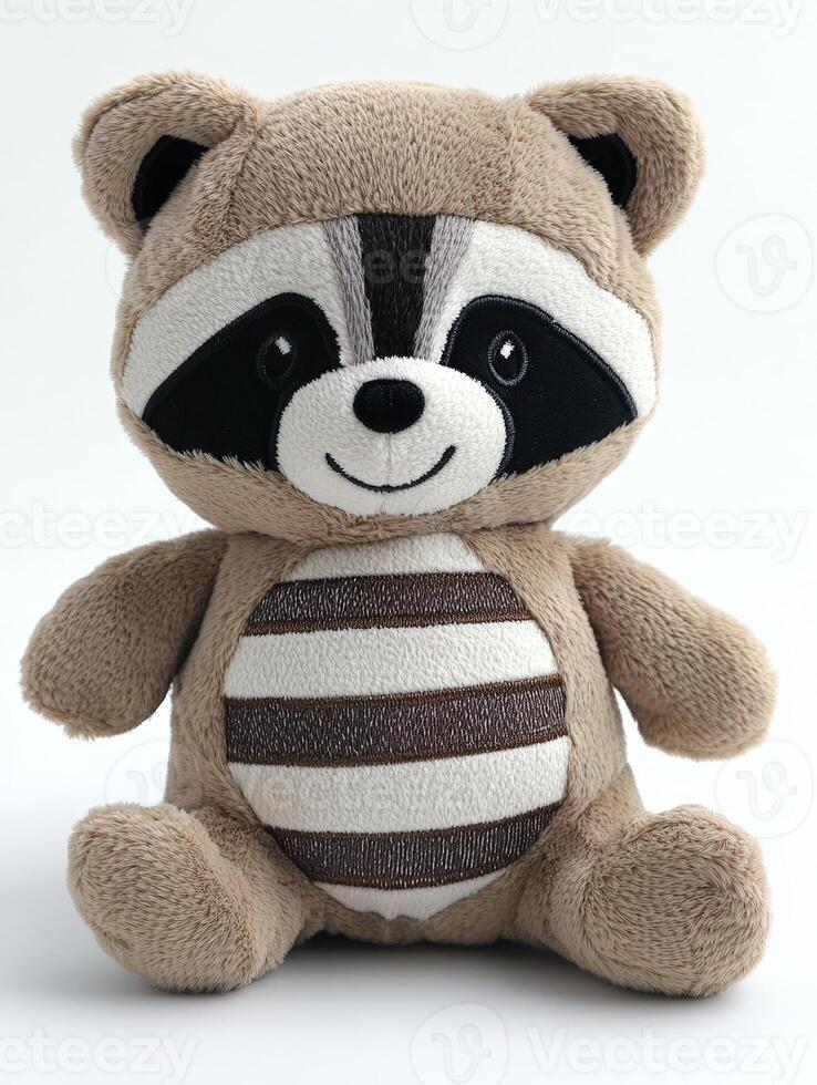 A stuffed raccoon is sitting on a white surface photo