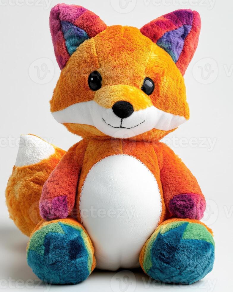 A stuffed fox with colorful eyes and a white face photo
