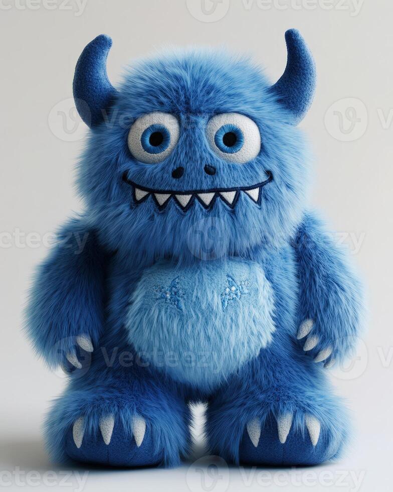 A blue stuffed monster with big eyes and big teeth in white background photo