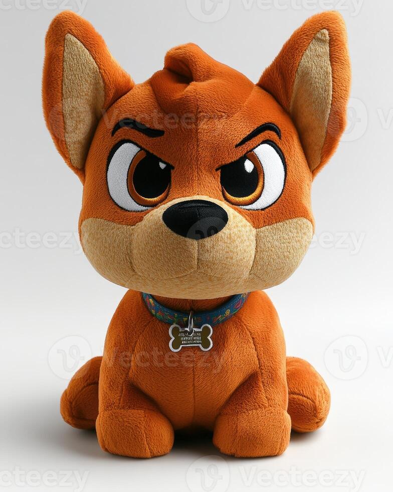 A stuffed animal dog with a collar on photo