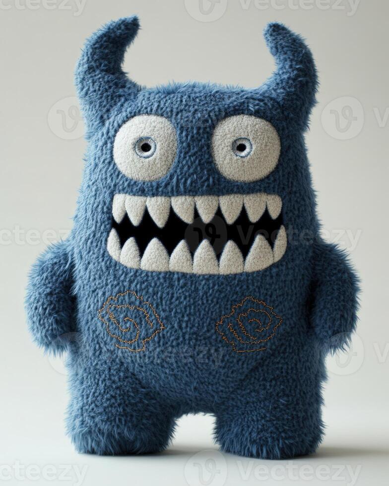 A blue stuffed monster with big eyes and teeth. photo