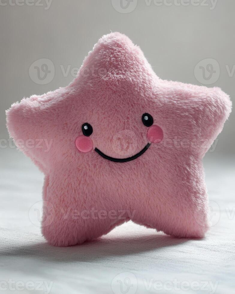 A pink star shaped stuffed animal with a smiley face. photo