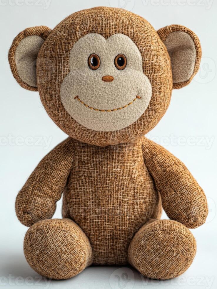 A stuffed monkey is sitting on a white background. photo