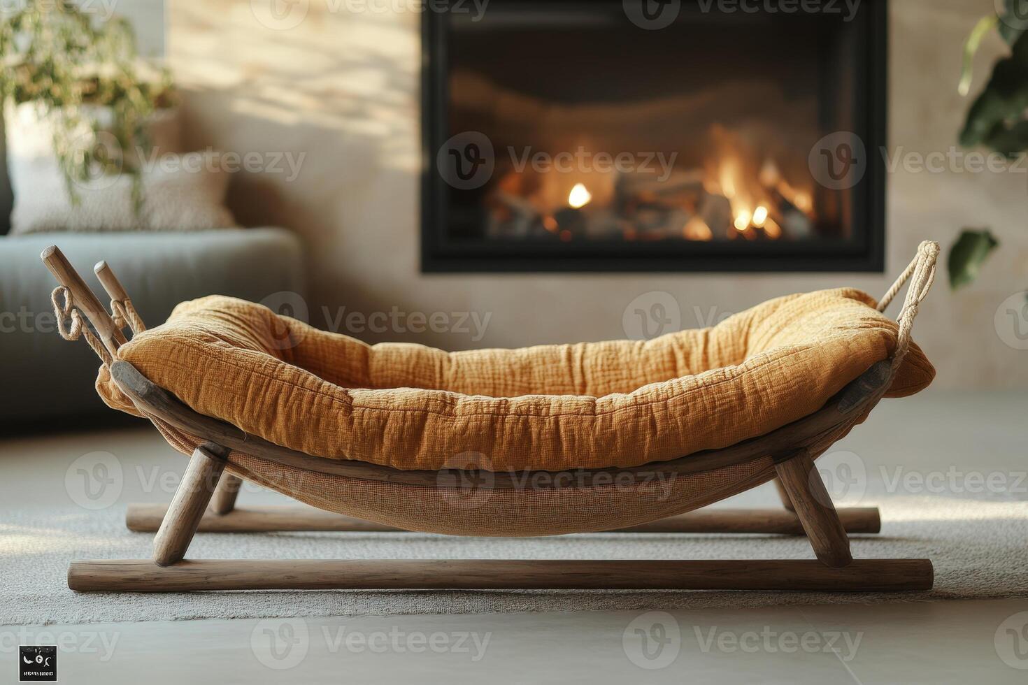 A yellow dog bed in front of a fireplace photo