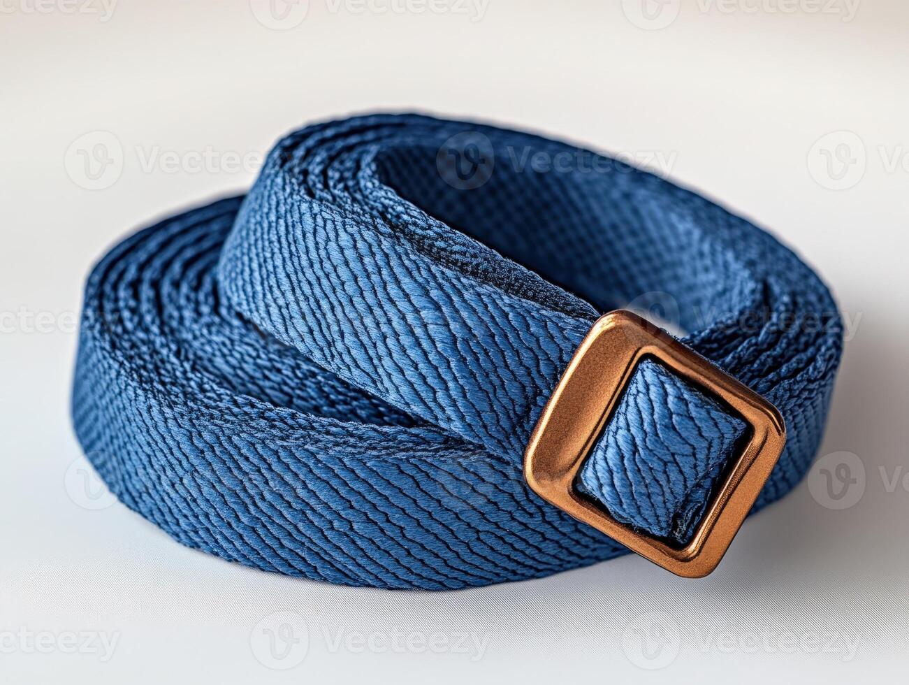A blue belt with a copper buckle photo