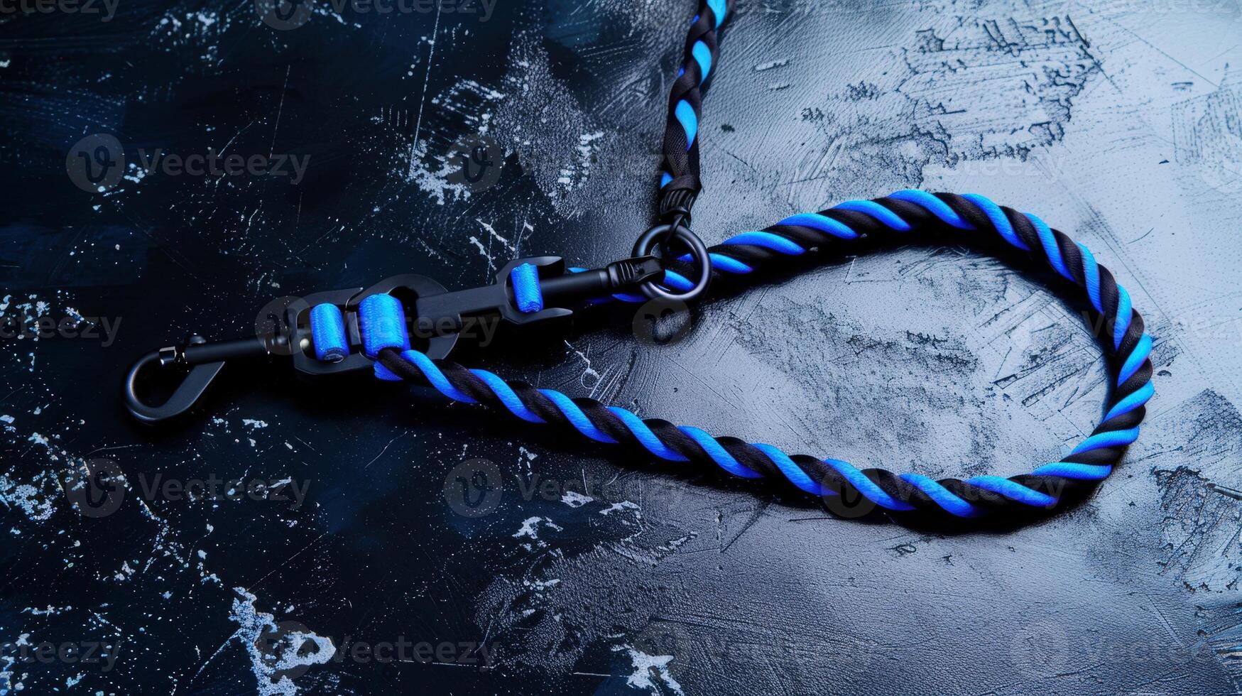 A blue and black rope with a black hook photo