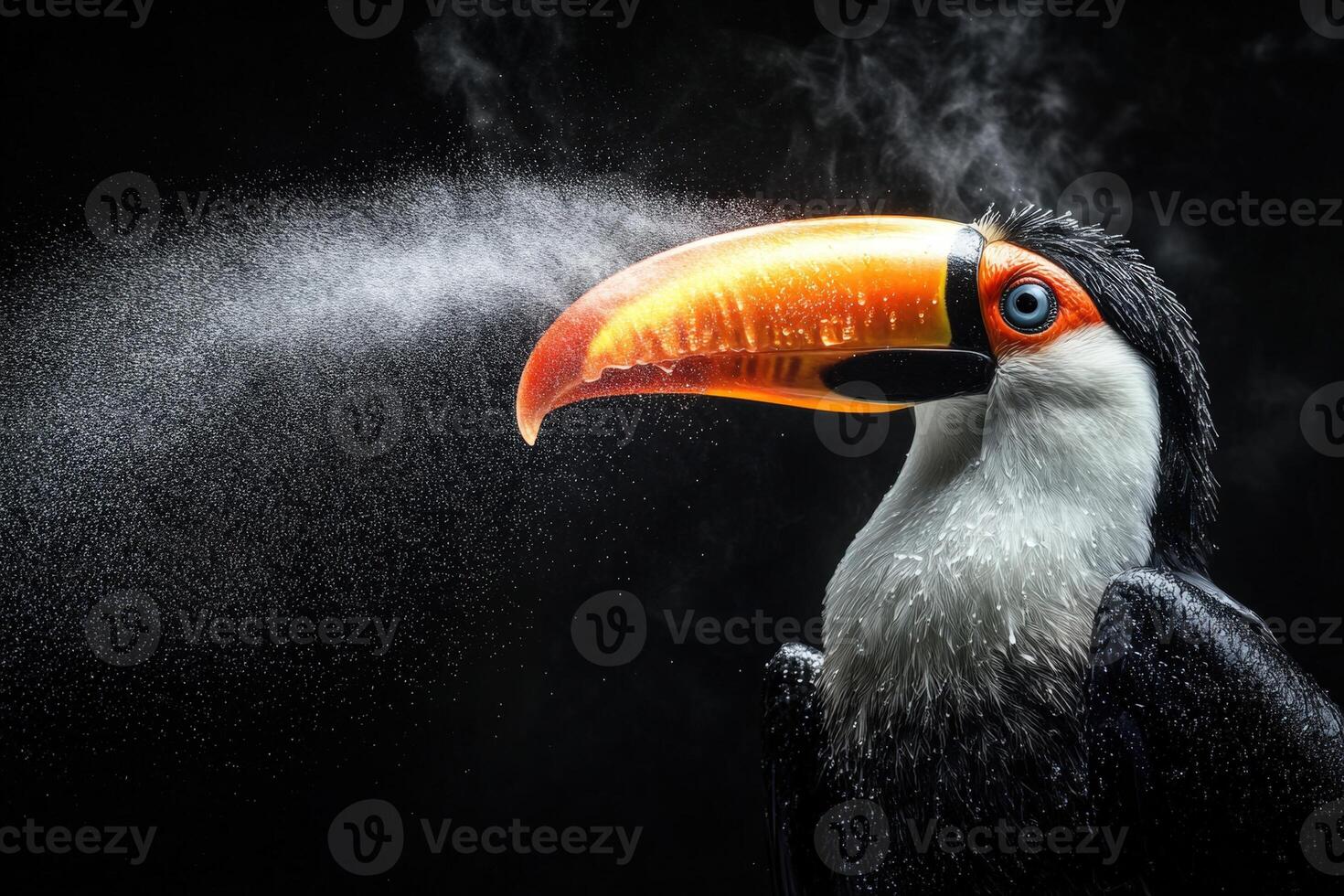 A toucan with a white beak and orange beak is blowing water photo