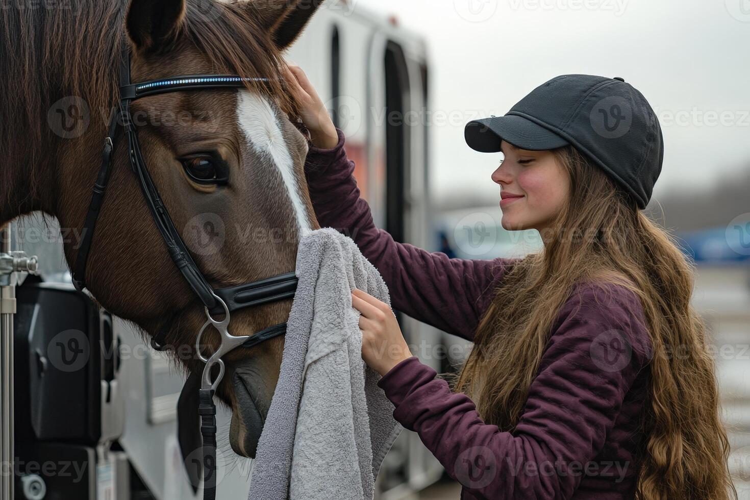 A young girl is petting a brown horse photo