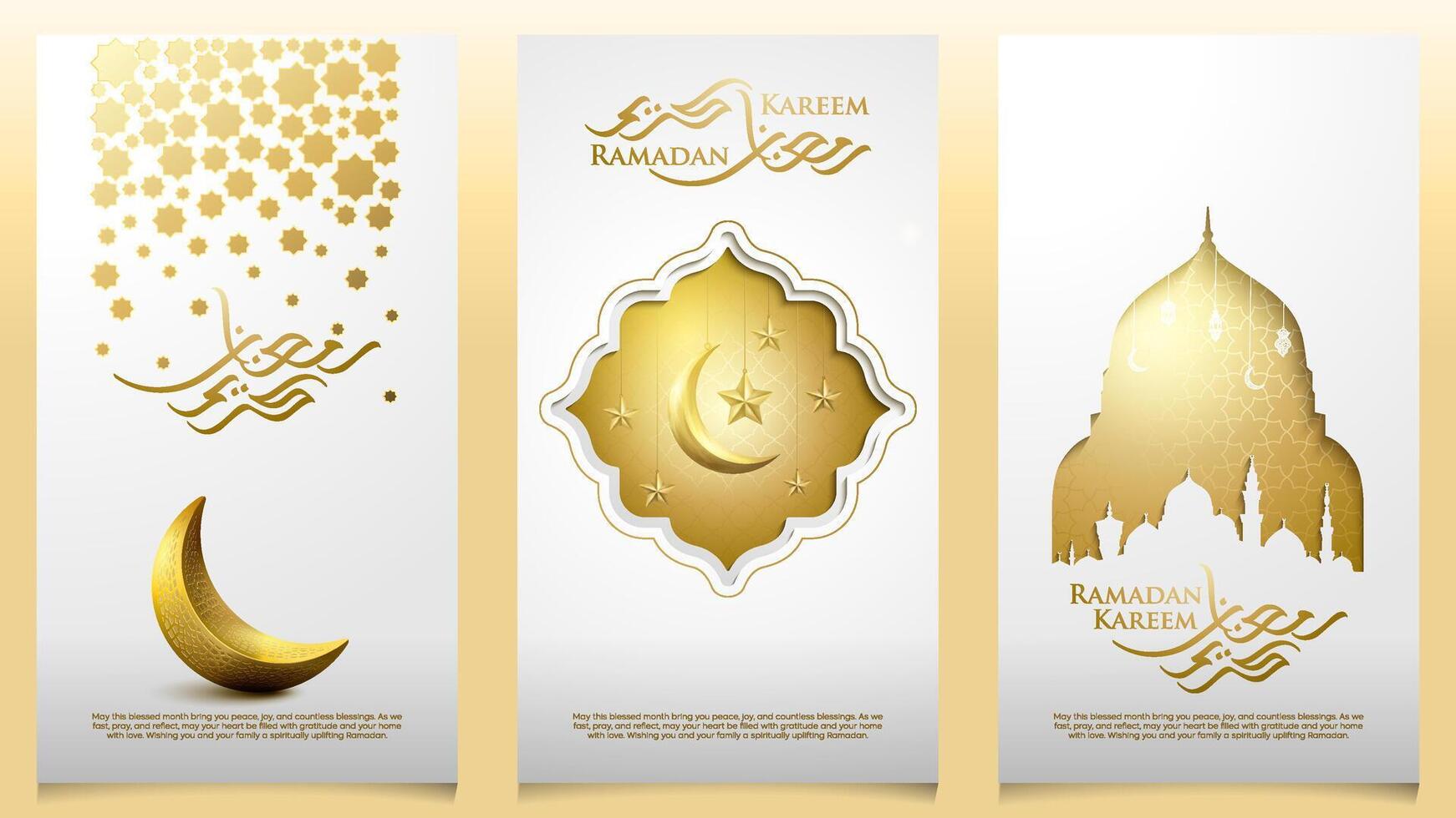 Ramadan Kareem greeting card arabic calligraphy and geometric crescent moon pattern and mosque illustration vector