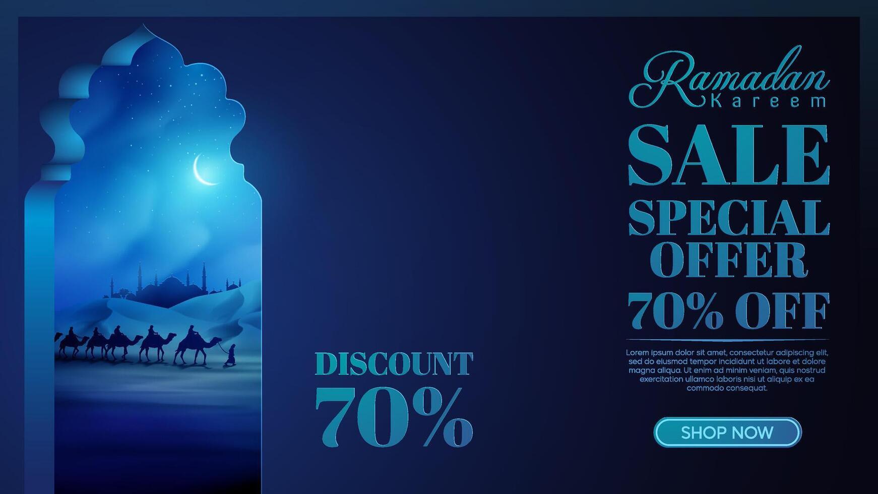 Islamic Themed Ramadan Sale Arabic landscape illustration with arabian and camel on desert vector