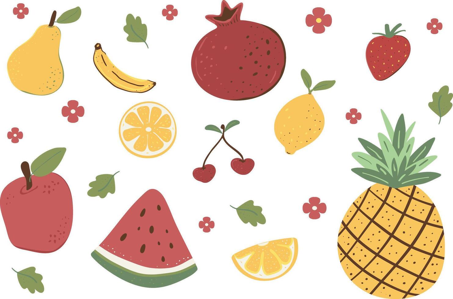 Fruit flat illustration. Colorful set illustration of assorted produce including strawberry, banana, watermelon, and apple vector