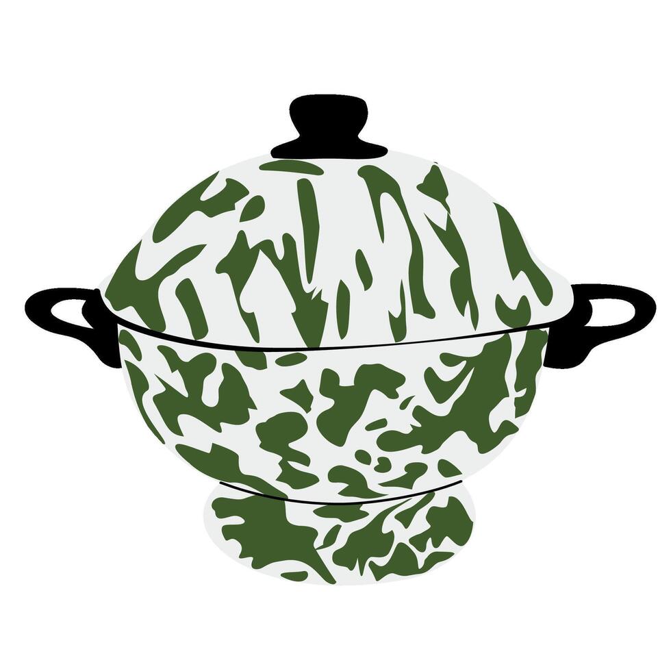 Vintage Enamel Steamer Pot with Lid Green Swirl vector