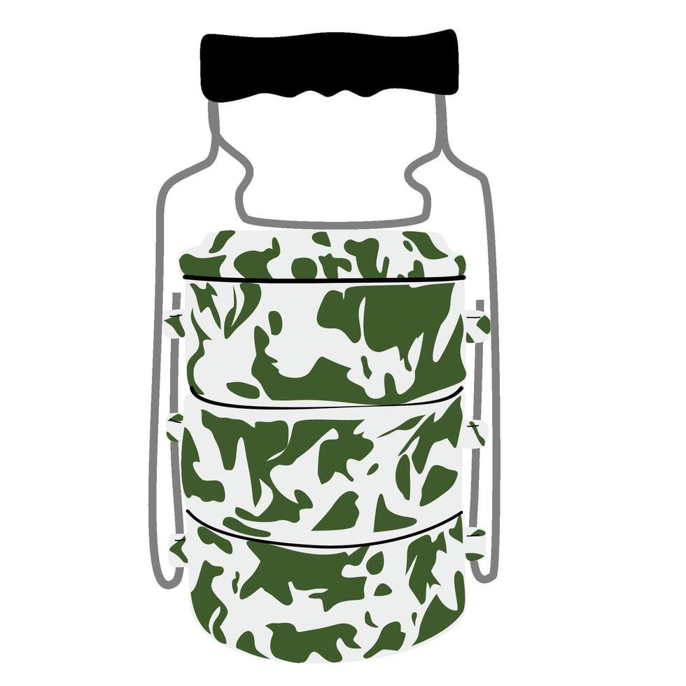 Enamel Tiffin Carrier with Traditional Green Pattern vector