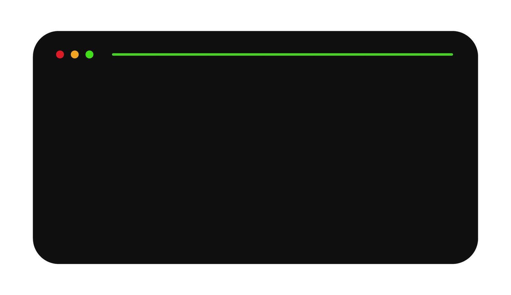 Minimalist terminal window with colored control buttons and green progress line. Simple dark interface with red, yellow, and green indicators at top left corner. vector