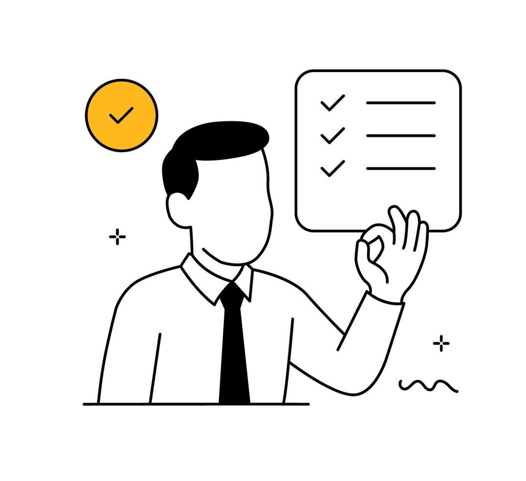 Businessman making OK gesture with checklist. Success confirmation illustration. Professional man checking goals. vector