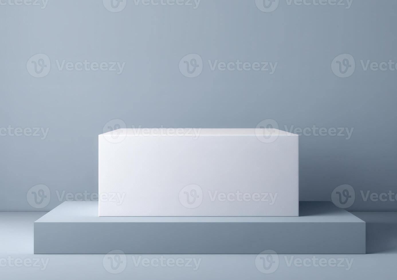 A minimalistic composition featuring two geometric shapes A white cuboid rests atop a larger light blue cuboid all against a plain background photo
