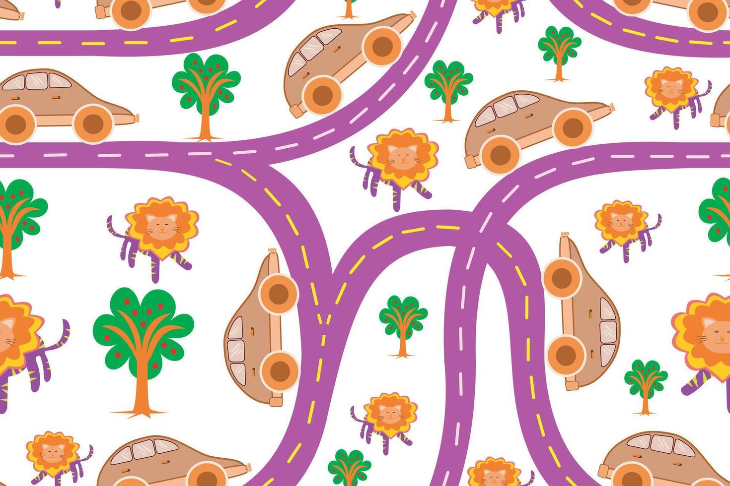 cute car on the road seamless pattern with trees,funny lion,for kid design vector