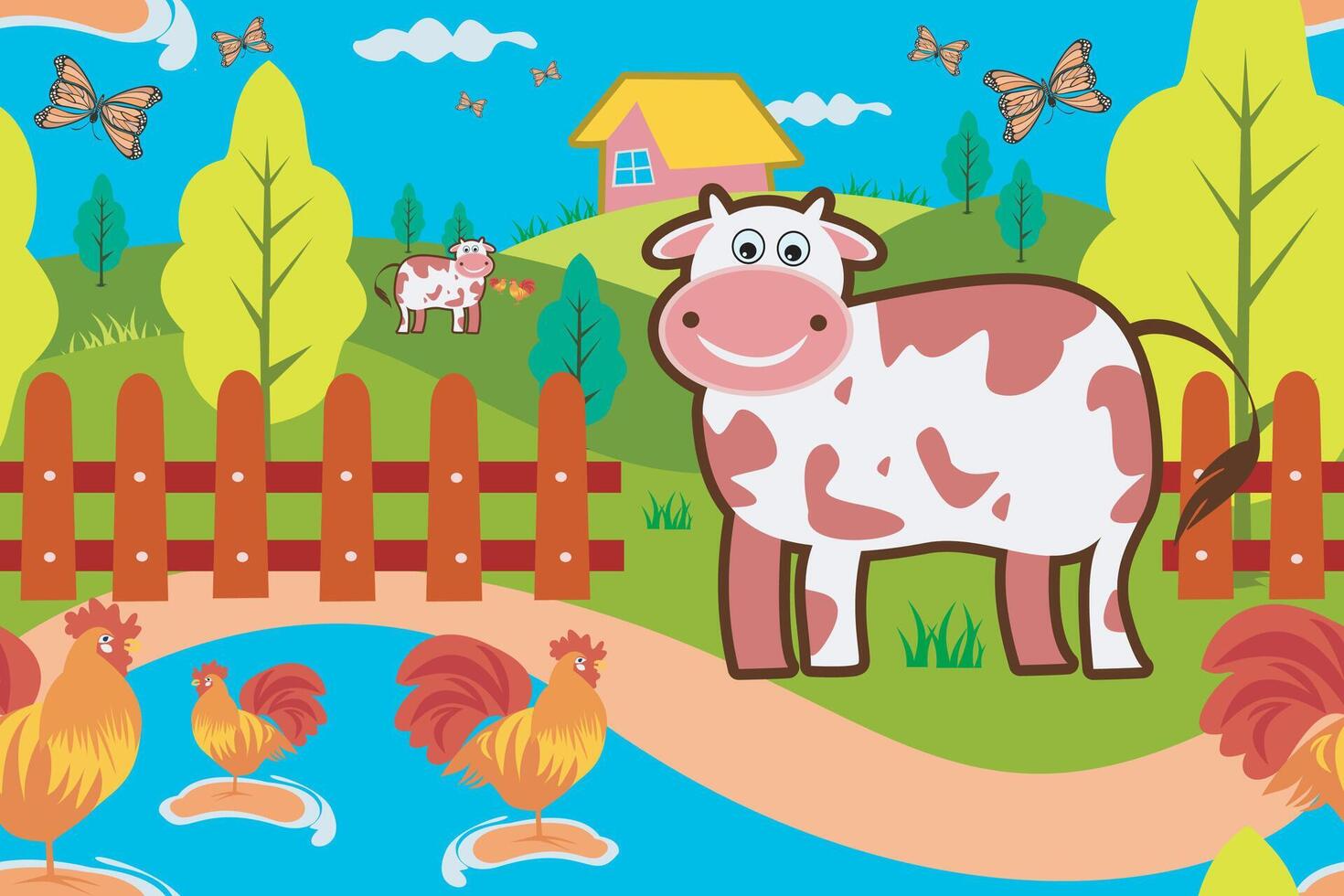 Seamless pattern of cute cows, trees, fences, grass, chickens, butterflies with mountain backgrounds for the design of children's rugs or background. EPS 10 vector