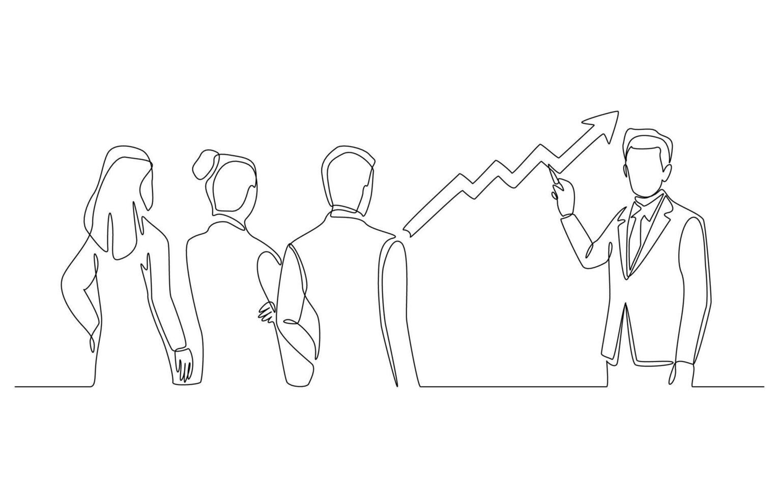 Continuous one line drawing of manager pointing out upward trend graph for employees to see, business presentation on growth strategy concept, single line art vector
