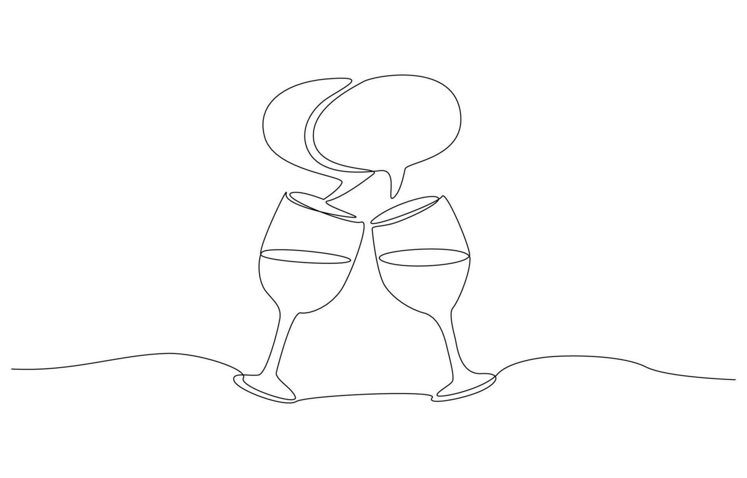 Continuous one line drawing of wine glasses clinking and speech bubbles connecting, social gathering concept, single line art vector