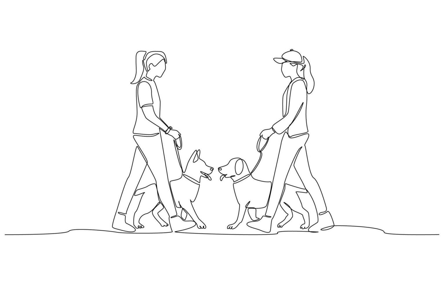 Continuous one line drawing of dog owners introducing their dogs to each other, dog meeting concept, single line art vector